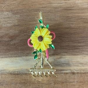 Vintage Garden Rake & Sunflower Brooch